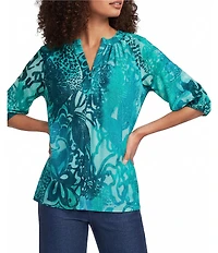 Calessa Petite Size Burnout Tie-Dye Round Neck Short Sleeve Tunic