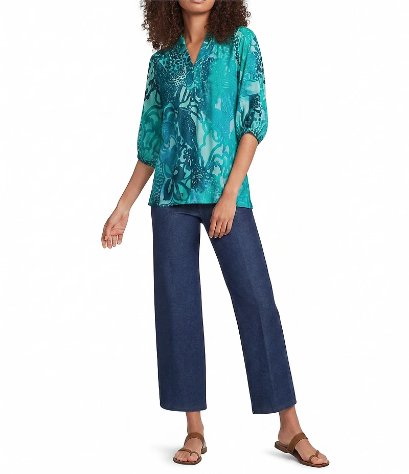Calessa Petite Size Burnout Tie-Dye Round Neck Short Sleeve Tunic