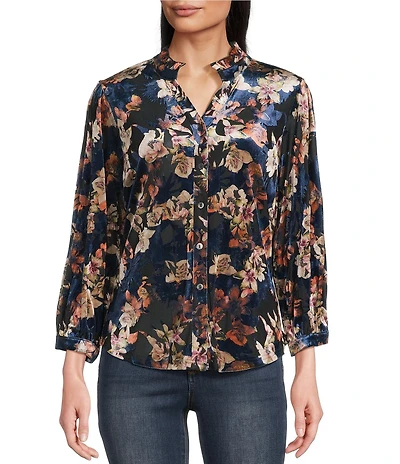 Calessa Petite Size Burnout Velvet Knit Floral Split V-Neck Long Sleeve Button-Front Tunic