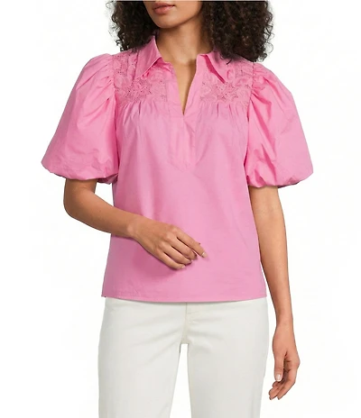 Calessa Petite Size Collared Elbow Balloon Sleeve Lace Yoke Tunic