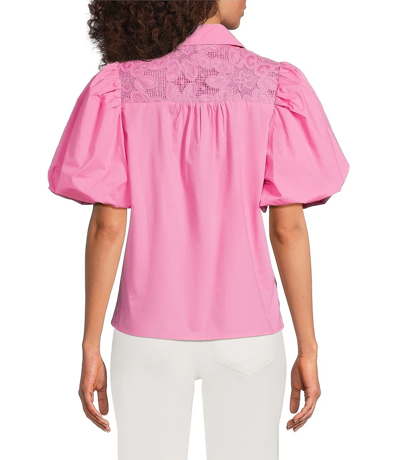 Calessa Petite Size Collared Elbow Balloon Sleeve Lace Yoke Tunic