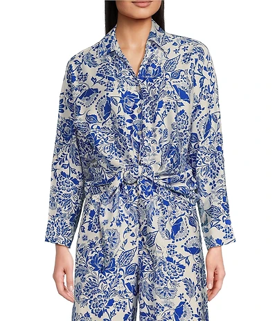 Calessa Petite Size Coordinating Antique Floral Point Collar Long Sleeve Tie-Front Blouse