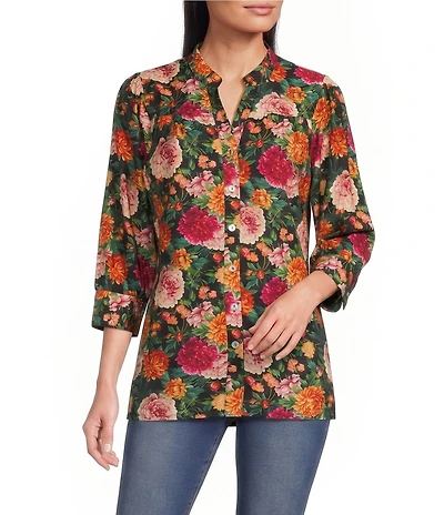 Calessa Petite Size Coordinating Antique Garden Floral Split V-Neck 3/4 Sleeve Button Front Tunic