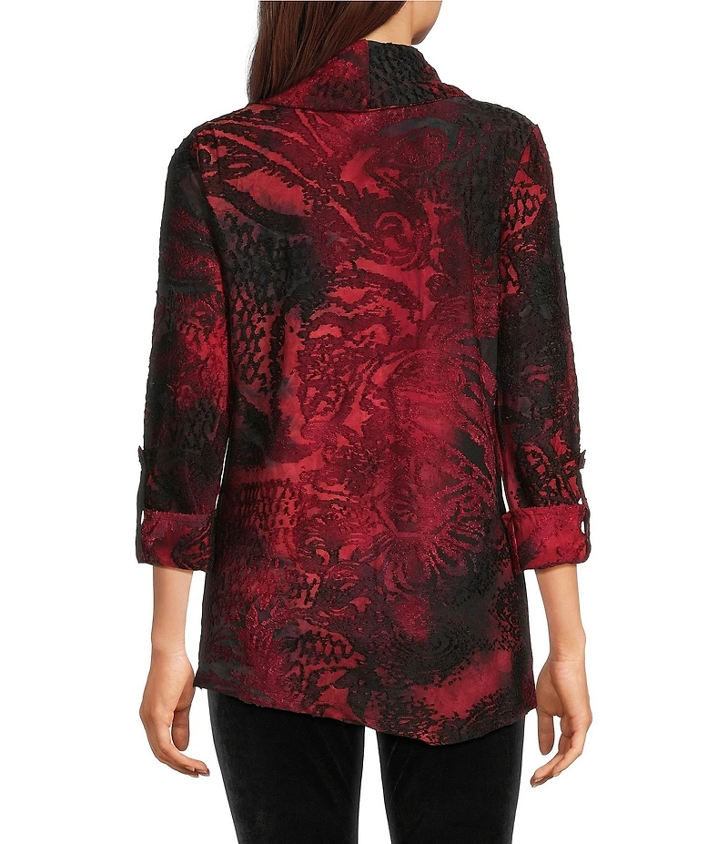 Calessa Petite Size Cowl Neck 3/4 Roll-Tab Sleeve Burnout Tie Dye Knit Tunic