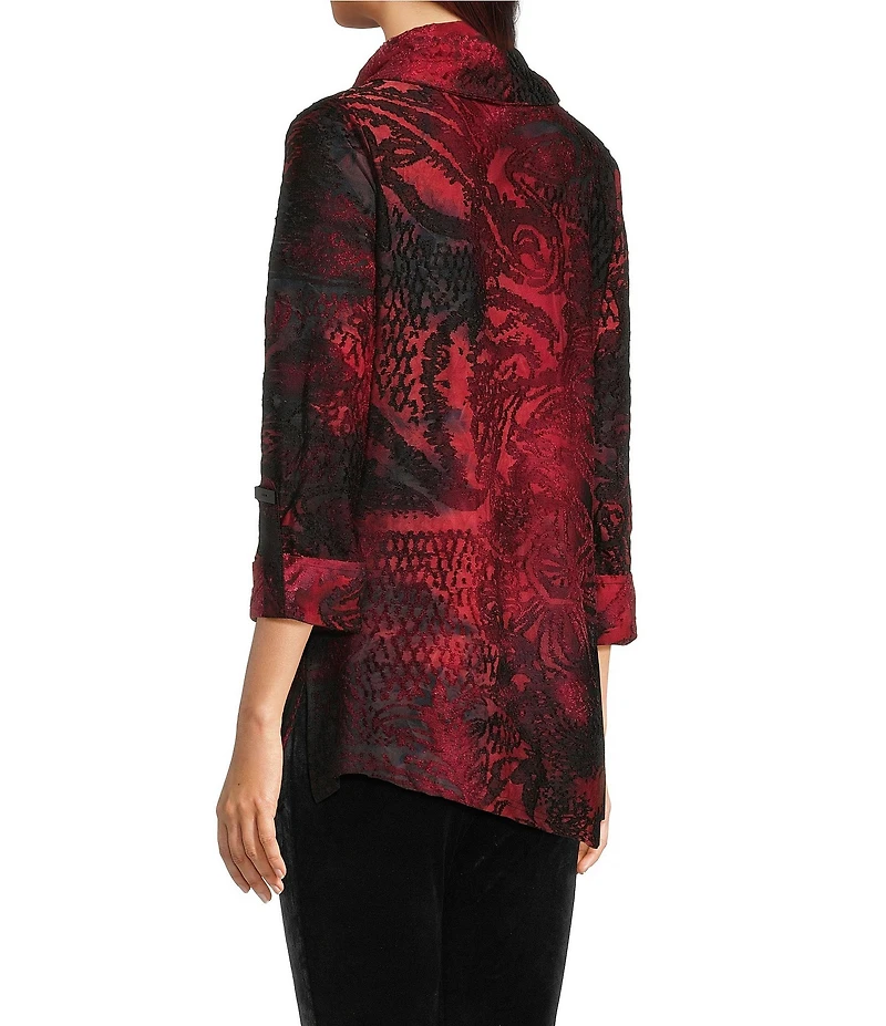 Calessa Petite Size Cowl Neck 3/4 Roll-Tab Sleeve Burnout Tie Dye Knit Tunic