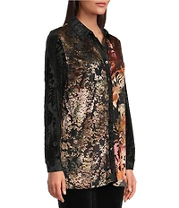 Calessa Petite Size Crinkle Burnout Patchwork Point Collar Long Roll-Tab Sleeve Button Front Tunic