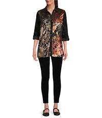 Calessa Petite Size Crinkle Burnout Patchwork Point Collar Long Roll-Tab Sleeve Button Front Tunic