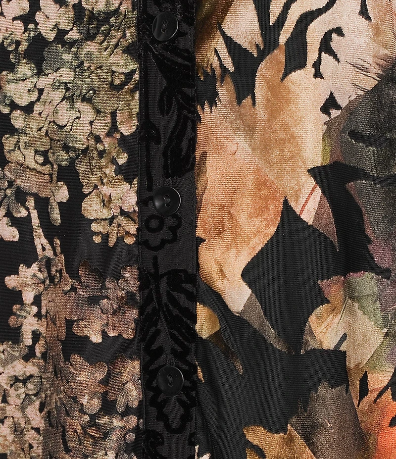 Calessa Petite Size Crinkle Burnout Patchwork Point Collar Long Roll-Tab Sleeve Button Front Tunic