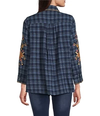Calessa Petite Size Crinkle Embroidered Floral Point Collar Long Sleeve Button-Front Shirt