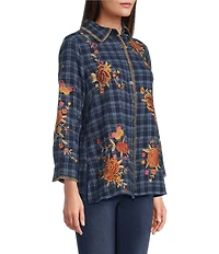 Calessa Petite Size Crinkle Embroidered Floral Point Collar Long Sleeve Button-Front Shirt