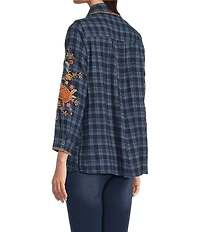 Calessa Petite Size Crinkle Embroidered Floral Point Collar Long Sleeve Button-Front Shirt