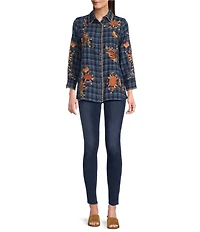 Calessa Petite Size Crinkle Embroidered Floral Point Collar Long Sleeve Button-Front Shirt