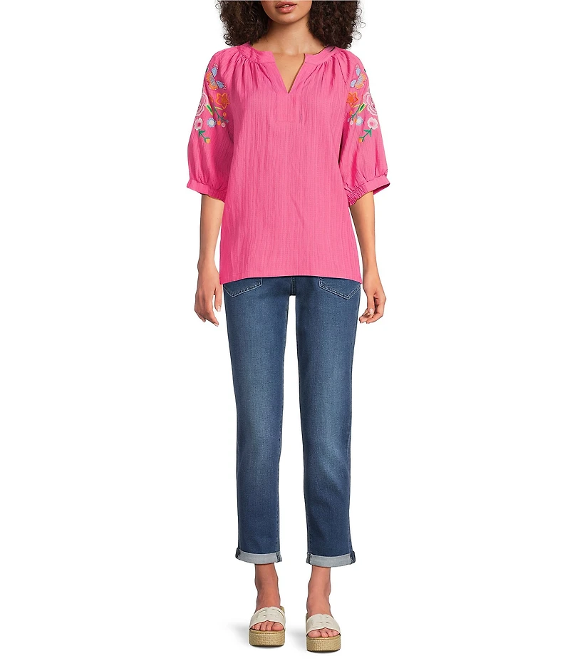 Calessa Petite Size Crinkle Split V-Neck Embroidered Puff Sleeve Tunic