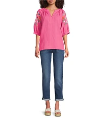 Calessa Petite Size Crinkle Split V-Neck Embroidered Puff Sleeve Tunic