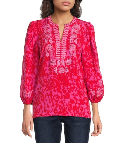 Calessa Petite Size Crinkle Textured Embroidered Abstract Animal Print Split Round Neck Bracelet Sleeve Tunic