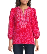 Calessa Petite Size Crinkle Textured Embroidered Abstract Animal Print Split Round Neck Bracelet Sleeve Tunic