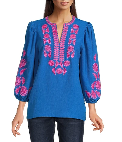 Calessa Petite Size Crinkle Textured Embroidered Patchwork Round Split V-Neck Bracelet Sleeve Tunic