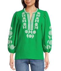 Calessa Petite Size Crinkle Textured Embroidered Round Split V-Neck Bracelet Sleeve Tunic