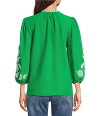Calessa Petite Size Crinkle Textured Embroidered Round Split V-Neck Bracelet Sleeve Tunic
