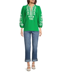 Calessa Petite Size Crinkle Textured Embroidered Round Split V-Neck Bracelet Sleeve Tunic