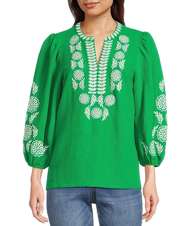 Calessa Petite Size Crinkle Textured Embroidered Round Split V-Neck Bracelet Sleeve Tunic