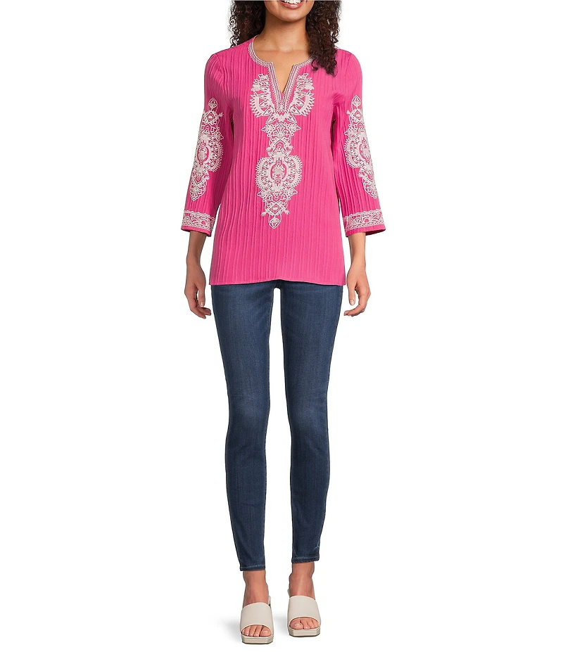 Calessa Petite Size Crinkle Textured Embroidered Split V-Neck Bracelet Sleeve Tunic
