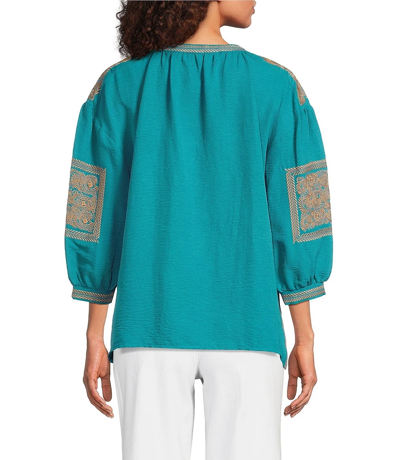Calessa Petite Size Crinkle Textured Foulard Embroidered Split V-Neck 3/4 Sleeve Tunic