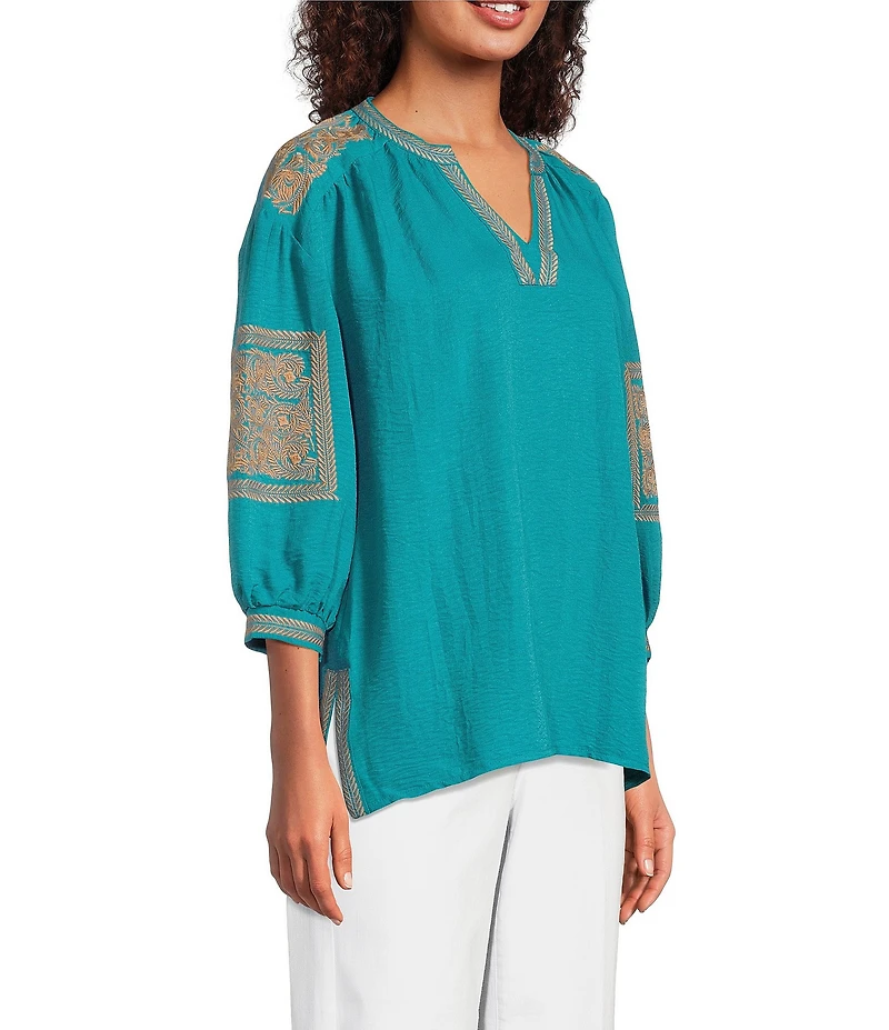 Calessa Petite Size Crinkle Textured Foulard Embroidered Split V-Neck 3/4 Sleeve Tunic