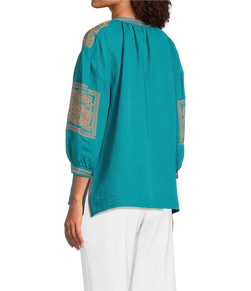 Calessa Petite Size Crinkle Textured Foulard Embroidered Split V-Neck 3/4 Sleeve Tunic