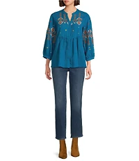 Calessa Petite Size Crinkle Textured Ikat Embroidered Split V-Neck Wrist Sleeve Button Front Tunic