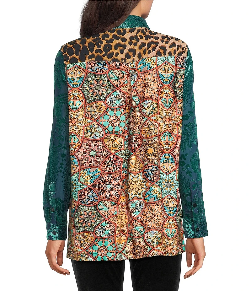 Calessa Petite Size Crinkle Woven Patchwork Point Collar Long Sleeve Button Front Shirt