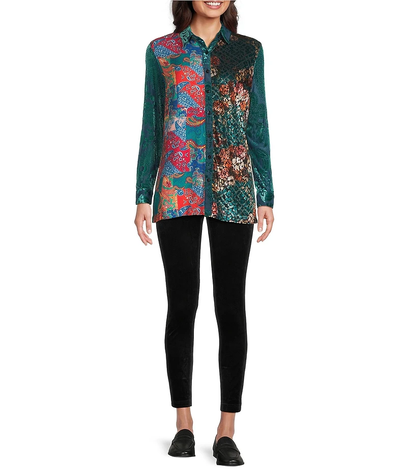 Calessa Petite Size Crinkle Woven Patchwork Point Collar Long Sleeve Button Front Shirt