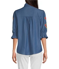 Calessa Petite Size Embroidered 3/4 Sleeve Point Collar Button Front Shirt