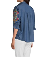 Calessa Petite Size Embroidered 3/4 Sleeve Point Collar Button Front Shirt