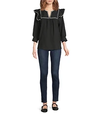 Calessa Petite Size Embroidered Contrast Cross Stitch Split V-Neck 3/4 Ruffle Sleeve Tunic