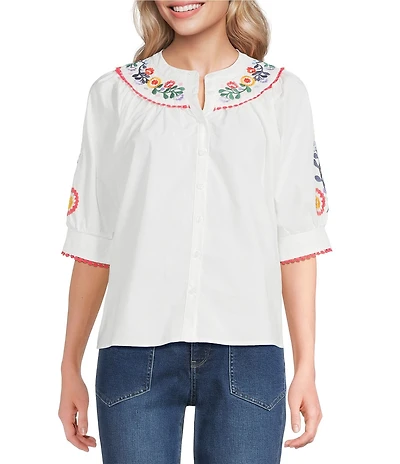 Calessa Petite Size Embroidered Crew Neck Short Sleeve Button-Front Tunic