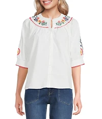 Calessa Petite Size Embroidered Crew Neck Short Sleeve Button-Front Tunic