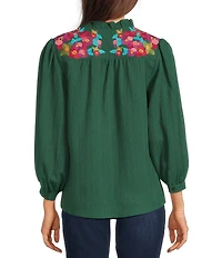 Calessa Petite Size Embroidered Crinkle Ruffled Split V-Neck 3/4 Sleeve Tunic