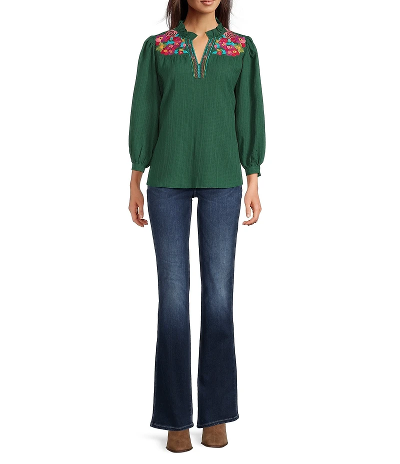 Calessa Petite Size Embroidered Crinkle Ruffled Split V-Neck 3/4 Sleeve Tunic