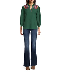 Calessa Petite Size Embroidered Crinkle Ruffled Split V-Neck 3/4 Sleeve Tunic