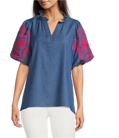 Calessa Petite Size Embroidered Elbow Sleeve Split V-Neck Tunic