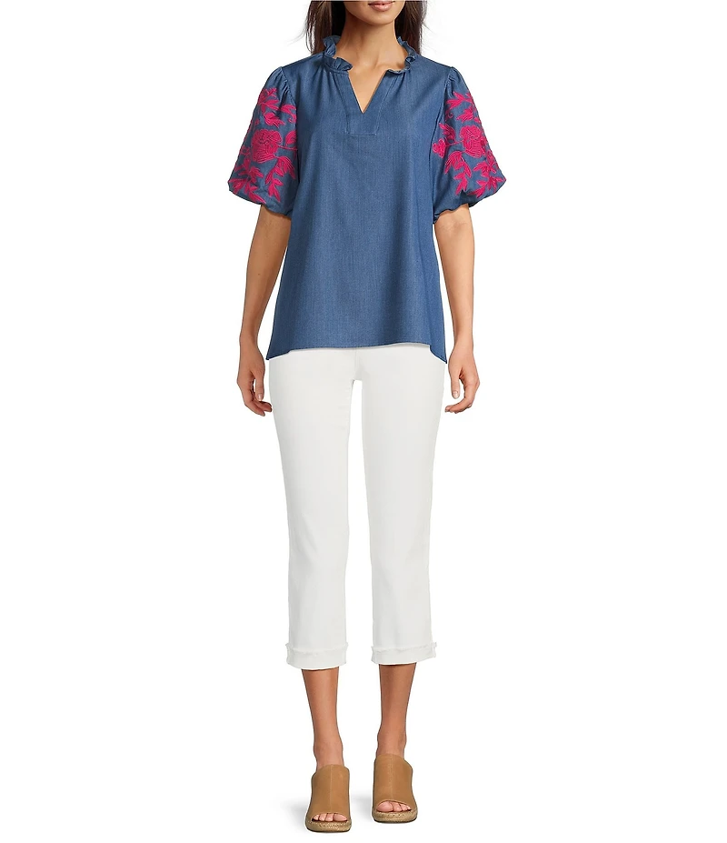 Calessa Petite Size Embroidered Elbow Sleeve Split V-Neck Tunic
