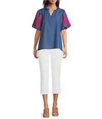 Calessa Petite Size Embroidered Elbow Sleeve Split V-Neck Tunic