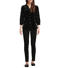 Calessa Petite Size Embroidered Faux Pearl Beaded Bracelet Sleeve Split V-Neck Button-Front Tunic