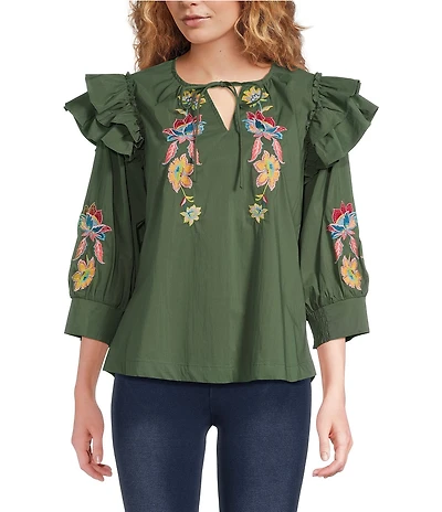 Calessa Petite Size Embroidered Floral Patchwork Split Round Neck Ties 3/4 Sleeve Tunic