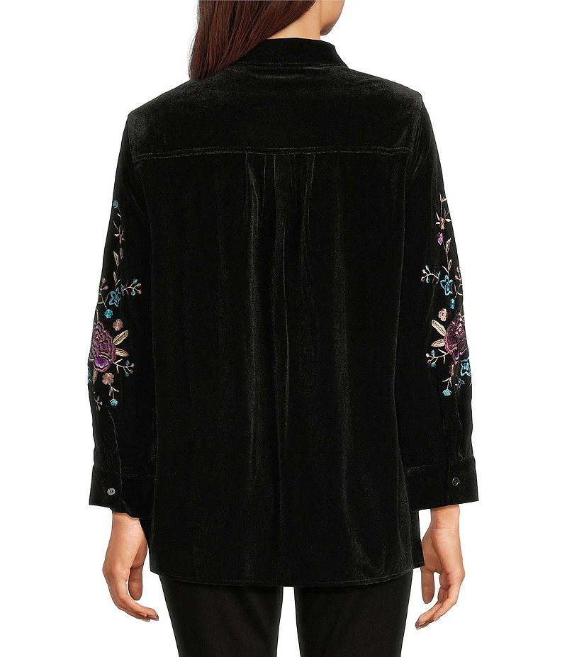 Calessa Petite Size Embroidered Floral Point Collar Long Sleeve Button-Front Velvet Shirt