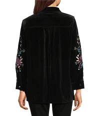 Calessa Petite Size Embroidered Floral Point Collar Long Sleeve Button-Front Velvet Shirt