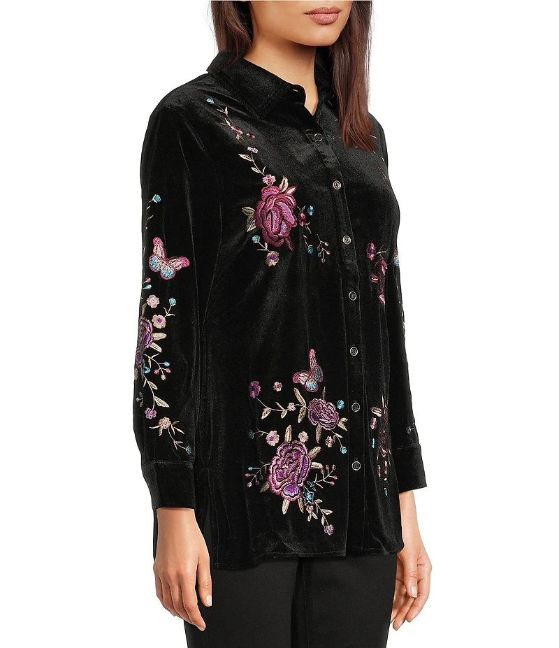Calessa Petite Size Embroidered Floral Point Collar Long Sleeve Button-Front Velvet Shirt