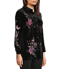 Calessa Petite Size Embroidered Floral Point Collar Long Sleeve Button-Front Velvet Shirt