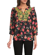 Calessa Petite Size Embroidered Floral Round Split V-Neck 3/4 Sleeve Tunic
